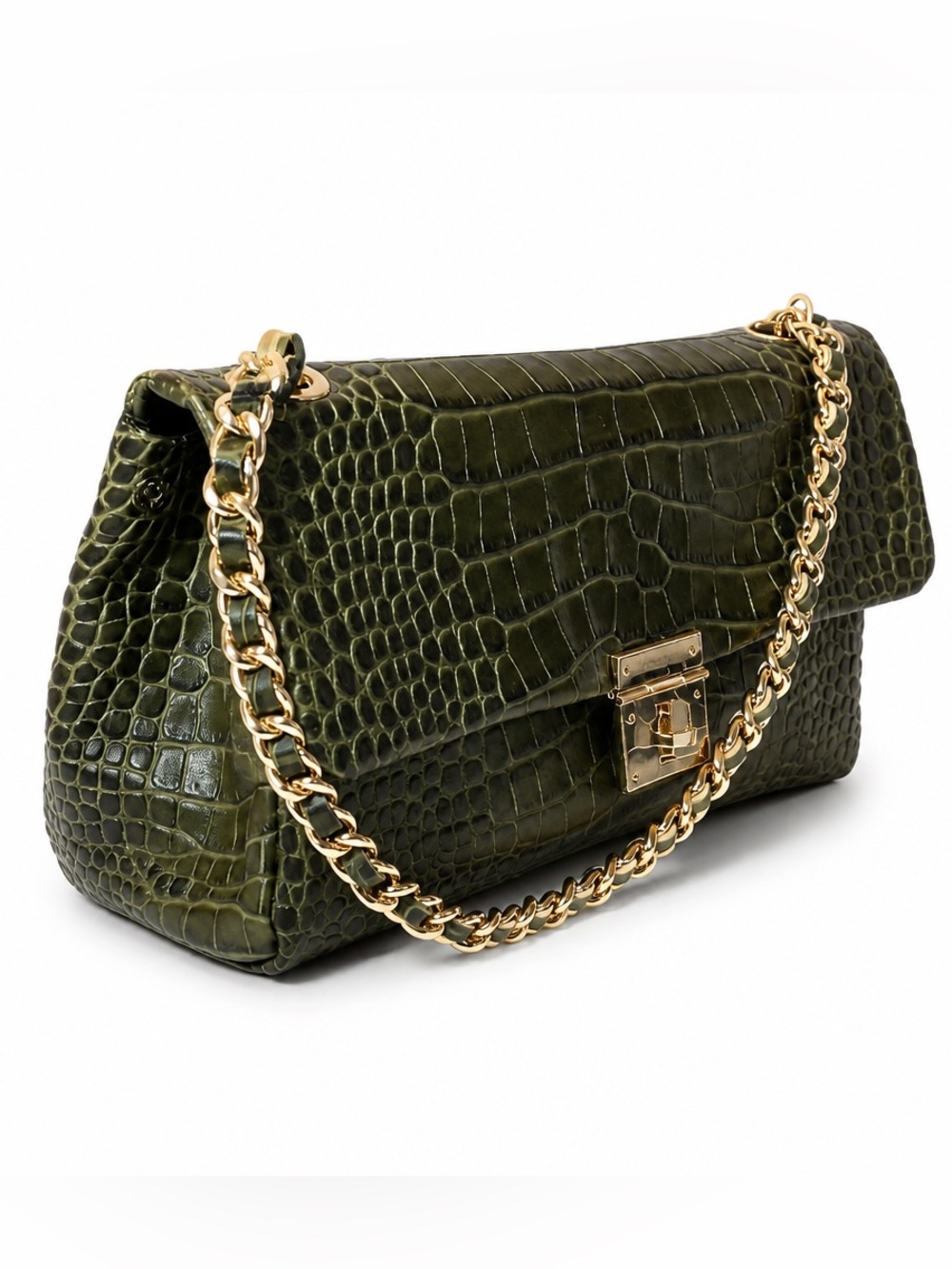 Claudia Women’s Croc-Embossed Shoulder Bag in Olive Green with Gold Chain Strap